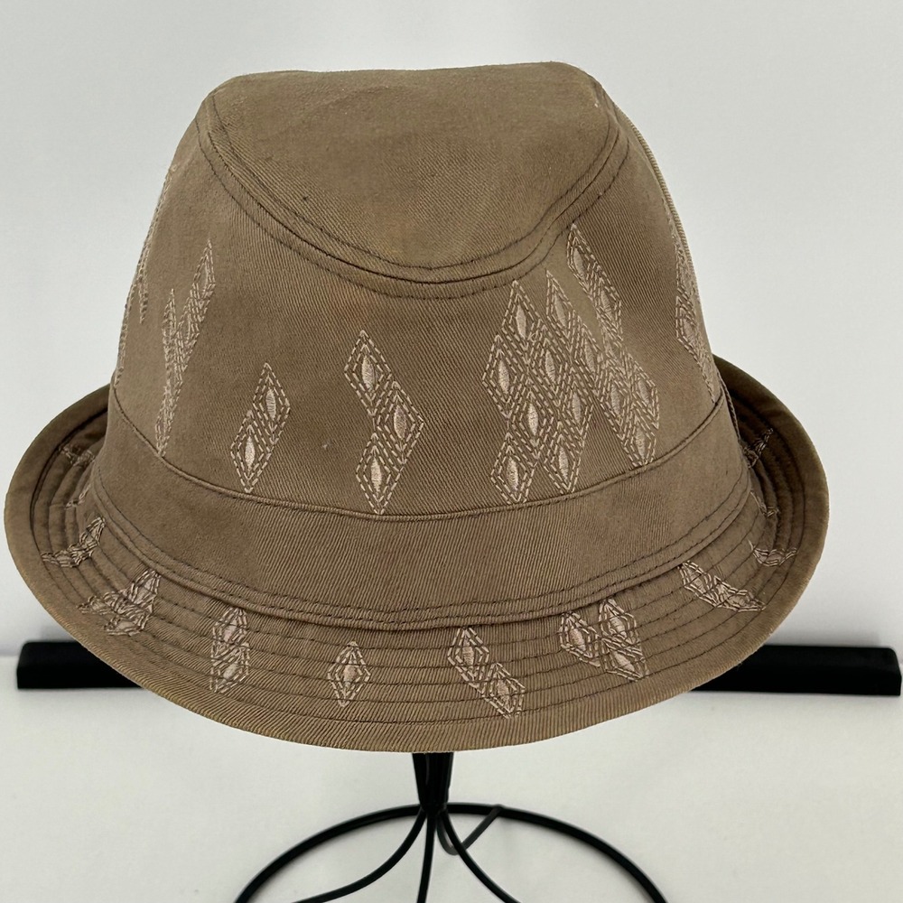 Route 66 Tan Embroidered Fedora Hat M/L Southwestern Boho Diamond Pattern Trilby
